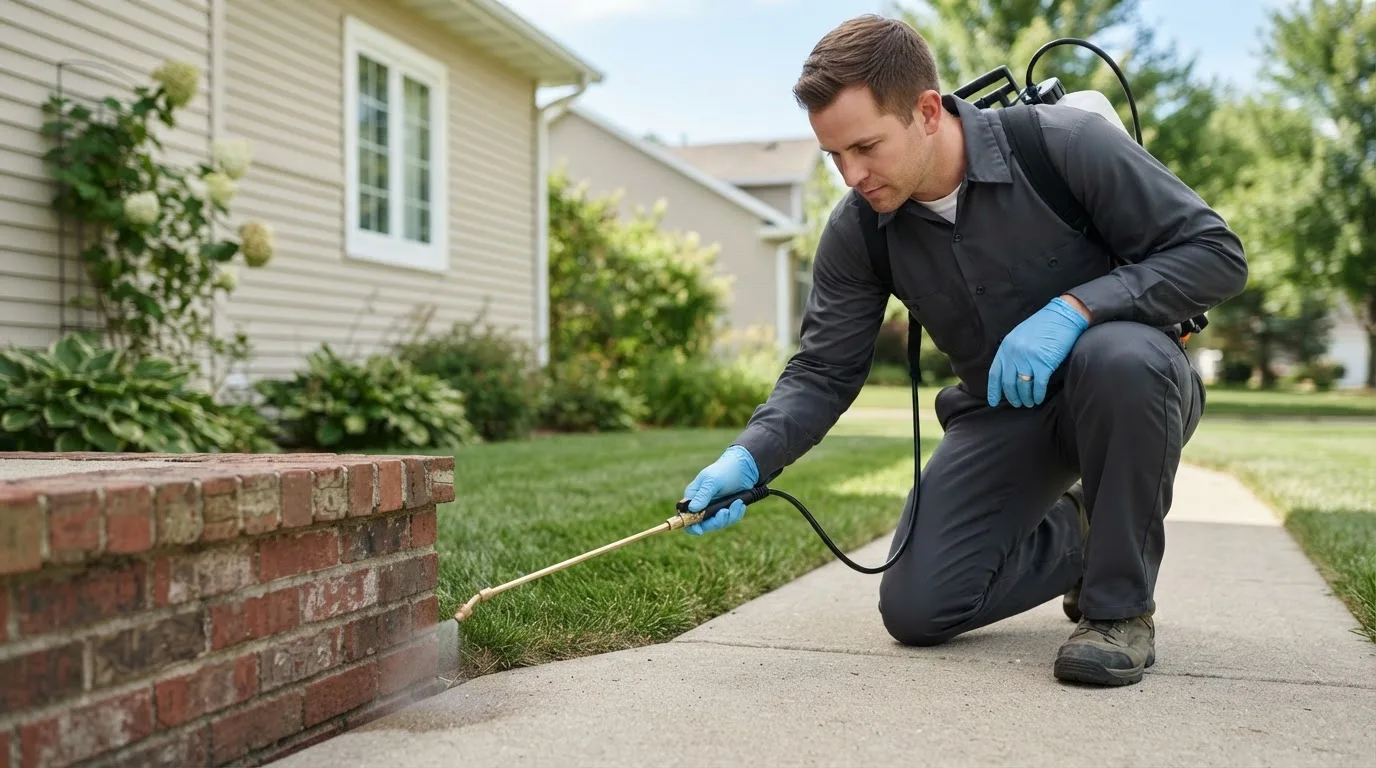 Pest control technician treating a home near Vida, OR
