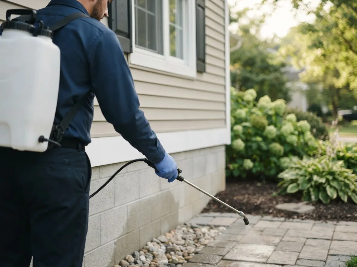 Pest control technician inspecting a home in Vida, OR